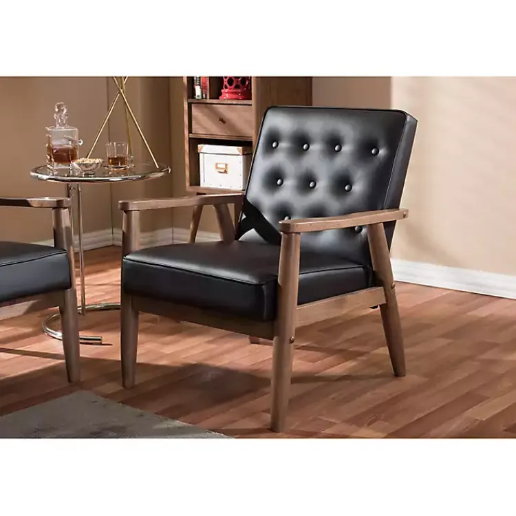 Accent Chairs-Kirklands Home Faux Leather Mid-Century Modern Accent Chair Brown