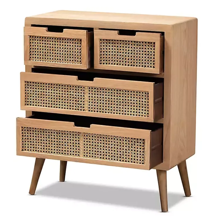 Dressers & Chests-Kirklands Home Oak and Rattan 4-Drawer Chest