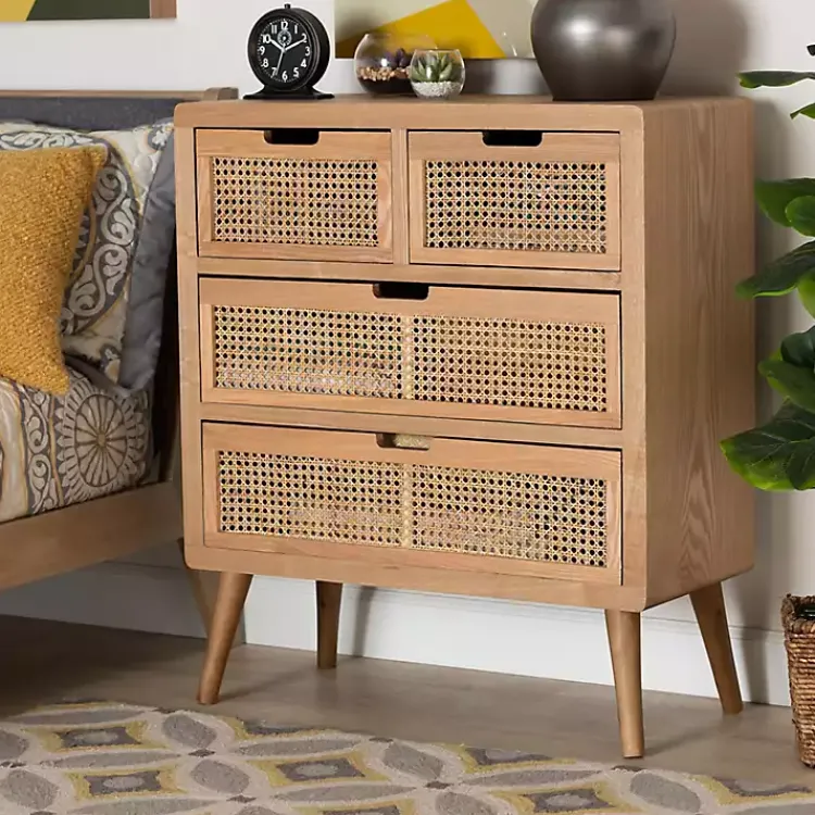 Dressers & Chests-Kirklands Home Oak and Rattan 4-Drawer Chest
