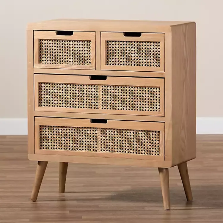 Dressers & Chests-Kirklands Home Oak and Rattan 4-Drawer Chest