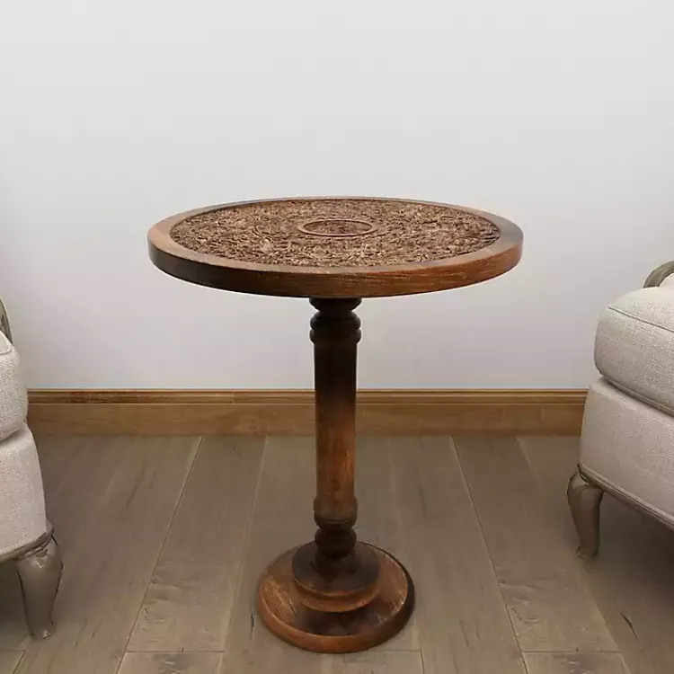 Accent & End Tables-Kirklands Home Carved Mandala Mango Wood Accent Table Brown