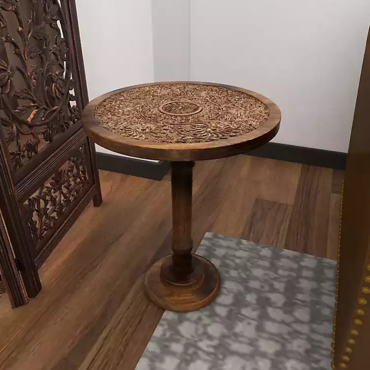 Accent & End Tables-Kirklands Home Carved Mandala Mango Wood Accent Table Brown