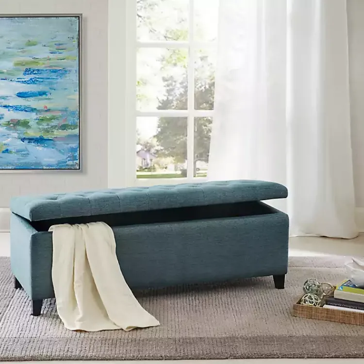 Benches & Ottomans-Kirklands Home Peacock Button Tufted Storage Bench Blue