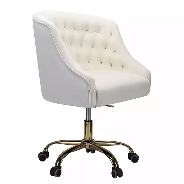 Office Furniture-Kirklands Home Velvet Tufted Golden Leg Swivel Office Chair Ivory