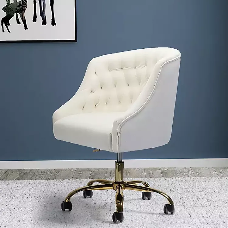 Office Furniture-Kirklands Home Velvet Tufted Golden Leg Swivel Office Chair Ivory