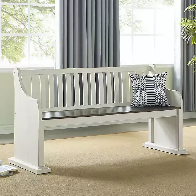 Entryway Furniture-Kirklands Home Two-Tone Dark Oak and Ivory High Back Wooden Bench White