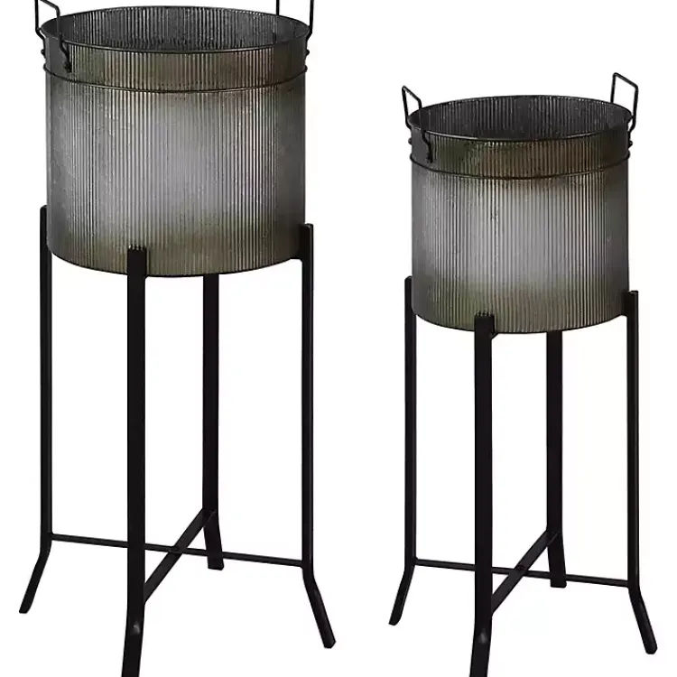 Planters-Kirklands Home Galvanized Planters with Stands, Set of 2 Black