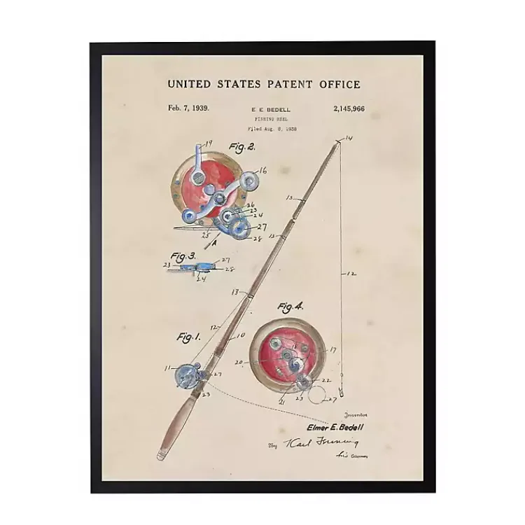 Framed Art-Kirklands Home Watercolor Fishing Rod Patent Framed Art Print