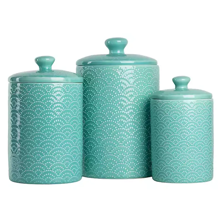 Kitchen Storage-Kirklands Home Tide Ceramic Embossed Canisters, Set of 3 Blue