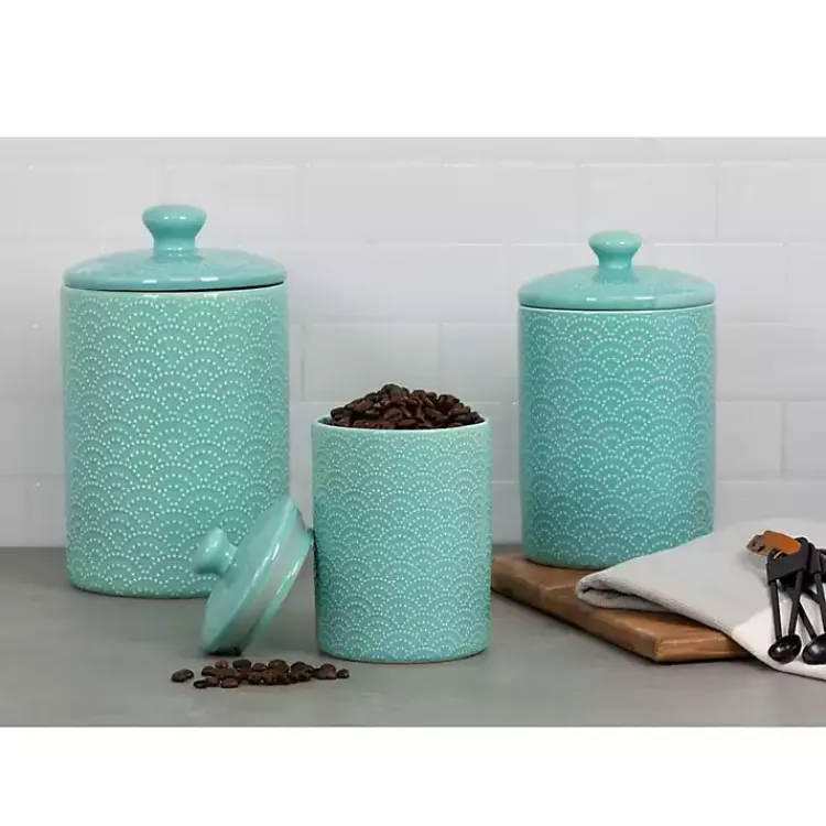 Kitchen Storage-Kirklands Home Tide Ceramic Embossed Canisters, Set of 3 Blue