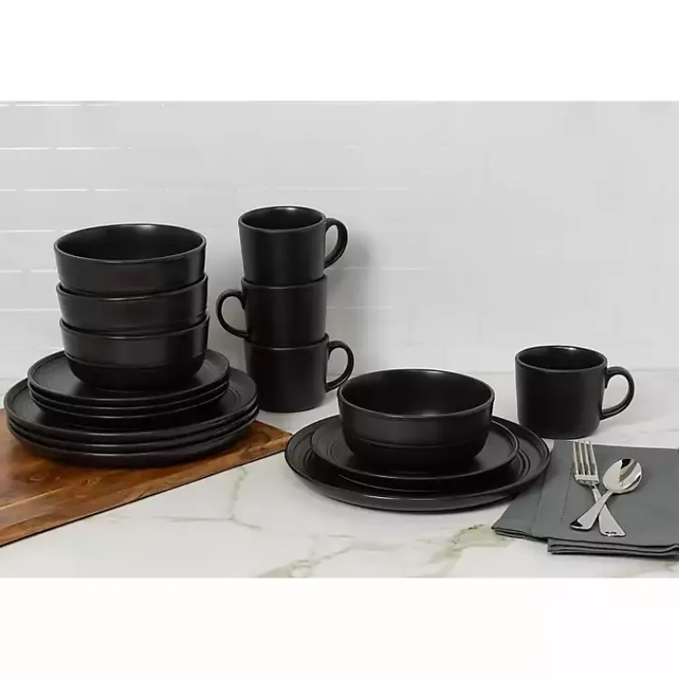 Dinnerware-Kirklands Home Matte Double Line 16-pc. Dinnerware Set Black