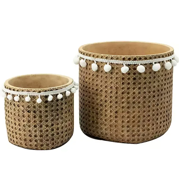 Planters-Kirklands Home Tall Woven Cement Baskets with Pom Poms, Set of 2 Brown