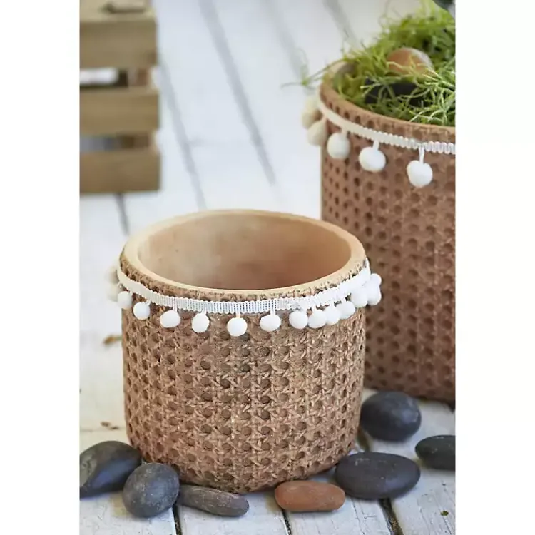 Planters-Kirklands Home Tall Woven Cement Baskets with Pom Poms, Set of 2 Brown