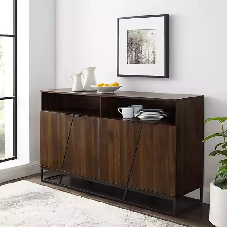Cabinets & Sideboards-Kirklands Home Dark Walnut Angled Door Wooden Sideboard Cabinet Brown