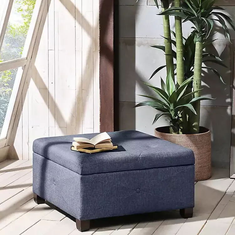 Benches & Ottomans-Kirklands Home Navy Tufted Square Storage Ottoman Blue