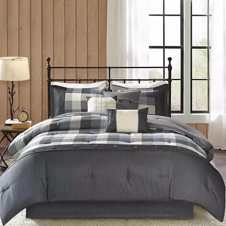 Comforters-Kirklands Home Gray Check California King 7-pc. Comforter Set