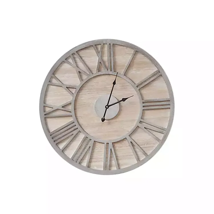Clocks-Kirklands Home Round Gray and Natural Wooden Wall Clock