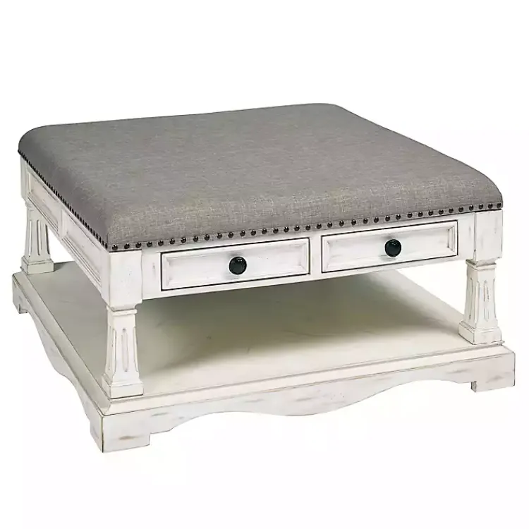 Coffee Tables-Kirklands Home Ivory and Gray Upholstered Square Coffee Table