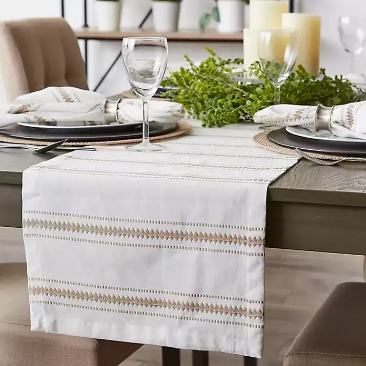 Table Linens-Kirklands Home Stone Zig Zag Dobby Stripe Runner Tan