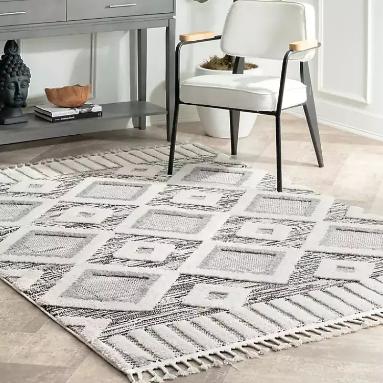 Area Rugs-Kirklands Home Gray Checkered Tiles Area Rug with Tassels, 5x7