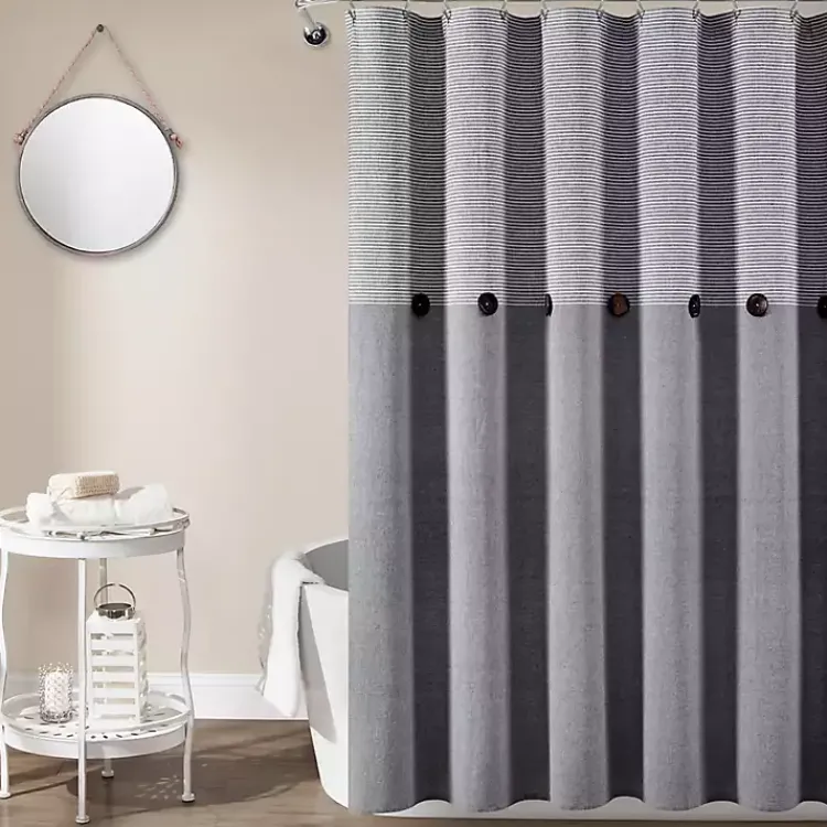Shower Curtains-Kirklands Home Button and Stripe Shower Curtain Gray