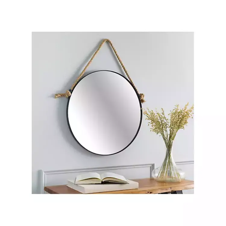 Framed Mirrors-Kirklands Home Black Round Framed Mirror with Rope