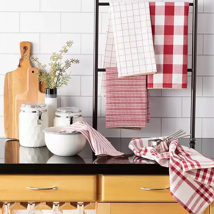 Kitchen Accessories-Kirklands Home Red & White Woven Patterns 5-pc. Dish Towel Set