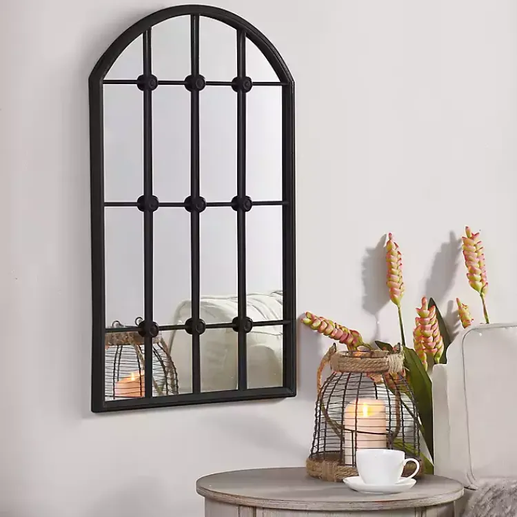 Decorative Mirrors-Kirklands Home Black Iron Arched Windowpane Mirror