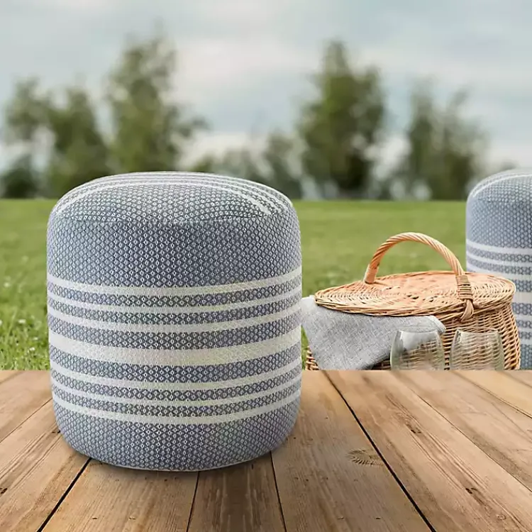 Outdoor Cushions & Pillows-Kirklands Home Soft Blue Simple Stripe Outdoor Pouf