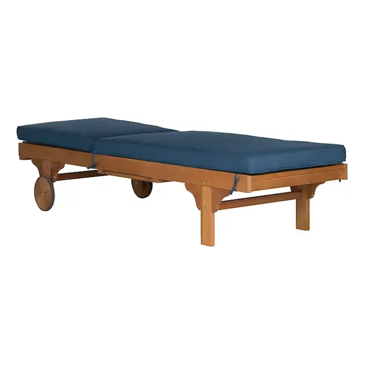 Outdoor Seating-Kirklands Home Natural Wooden Chaise with Table and Navy Cushion Blue