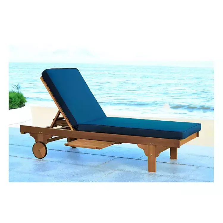 Outdoor Seating-Kirklands Home Natural Wooden Chaise with Table and Navy Cushion Blue