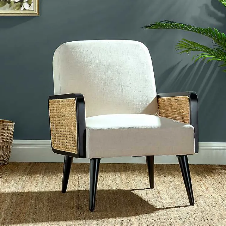 Accent Chairs-Kirklands Home White Linen and Rattan Accent Chair Ivory
