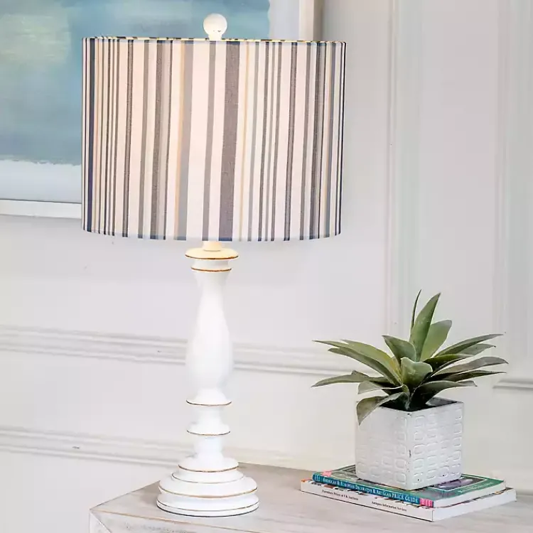 Table Lamps-Kirklands Home White Resin Table Lamp with Blue Stripe Shade