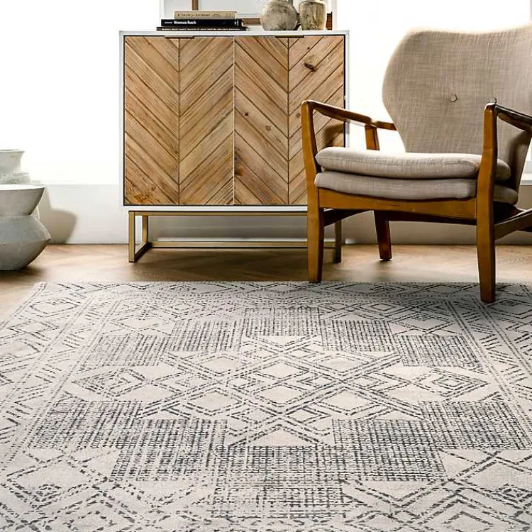 Area Rugs-Kirklands Home Gray Geometric Medallion Washable Area Rug, 5x8