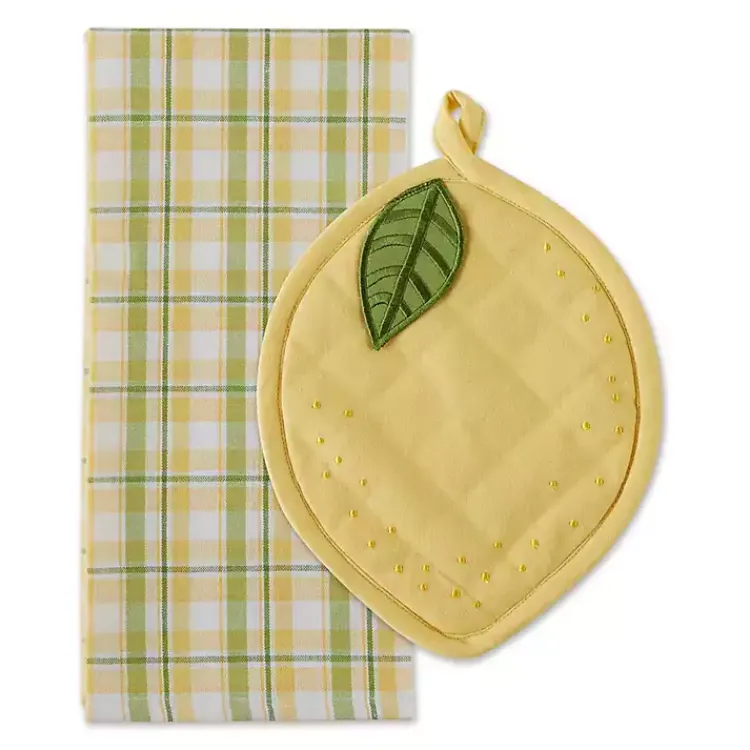 Kitchen Accessories-Kirklands Home Lemon Plaid 2-pc. Potholder and Kitchen Towel Set