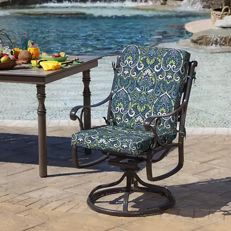 Outdoor Cushions & Pillows-Kirklands Home Sapphire Damask Luxe Outdoor Dining Chair Cushion Blue