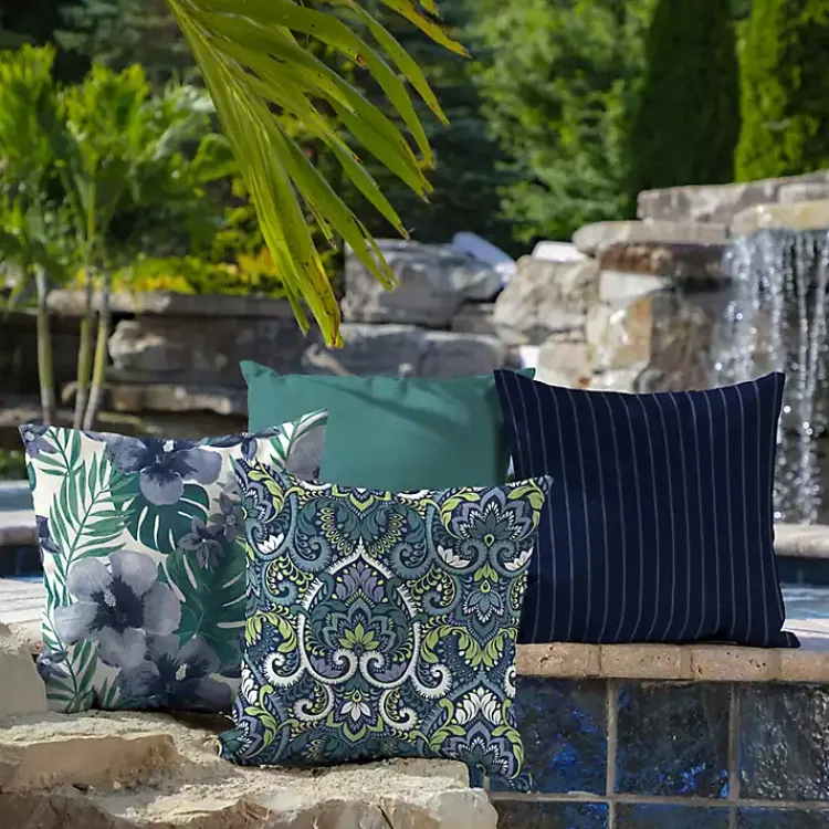 Outdoor Cushions & Pillows-Kirklands Home Sapphire Damask Outdoor Pillows, Set of 2