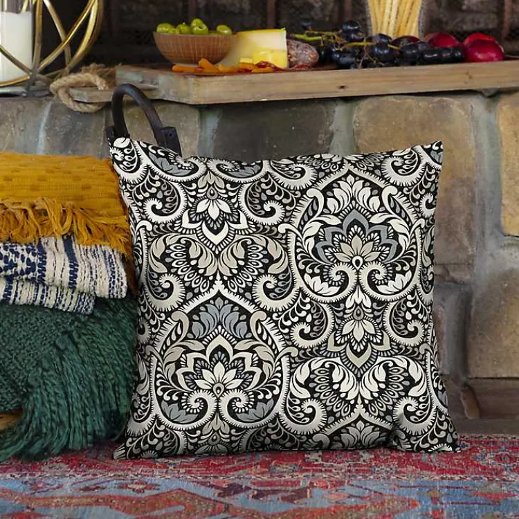 Outdoor Cushions & Pillows-Kirklands Home Aurora Damask Outdoor Pillow Black