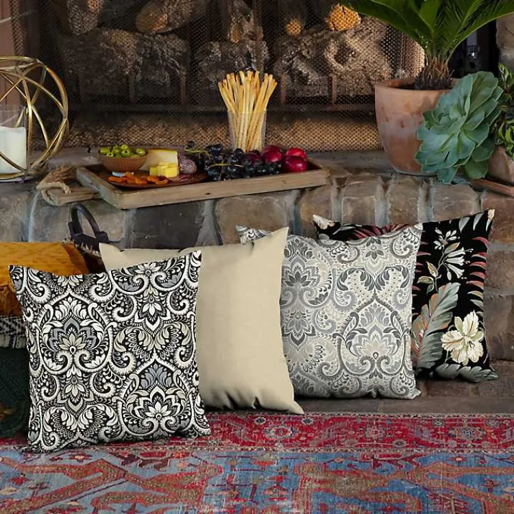 Outdoor Cushions & Pillows-Kirklands Home Aurora Damask Outdoor Pillow Black