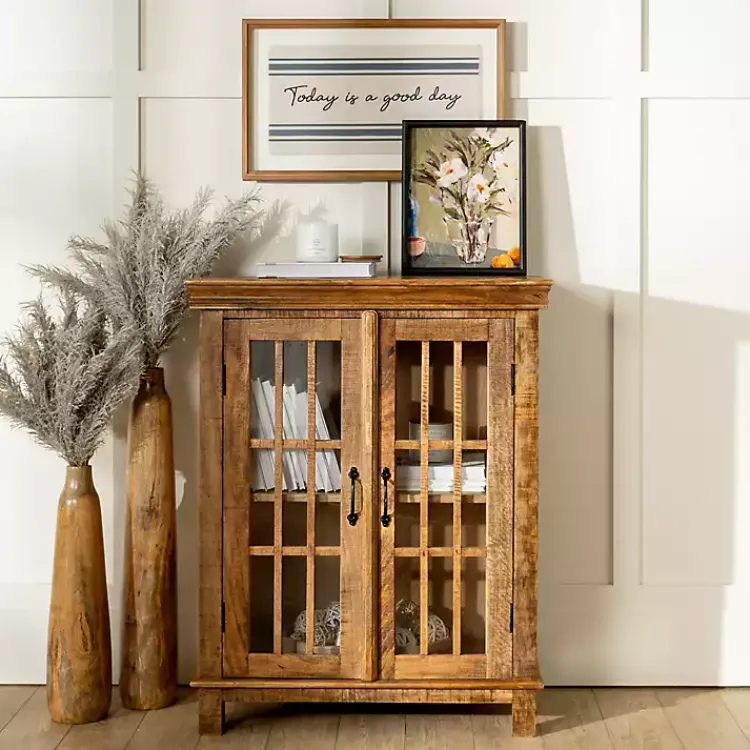 Cabinets & Sideboards-Kirklands Home Charlie Natural Mango Wood Windowpane Cabinet Brown
