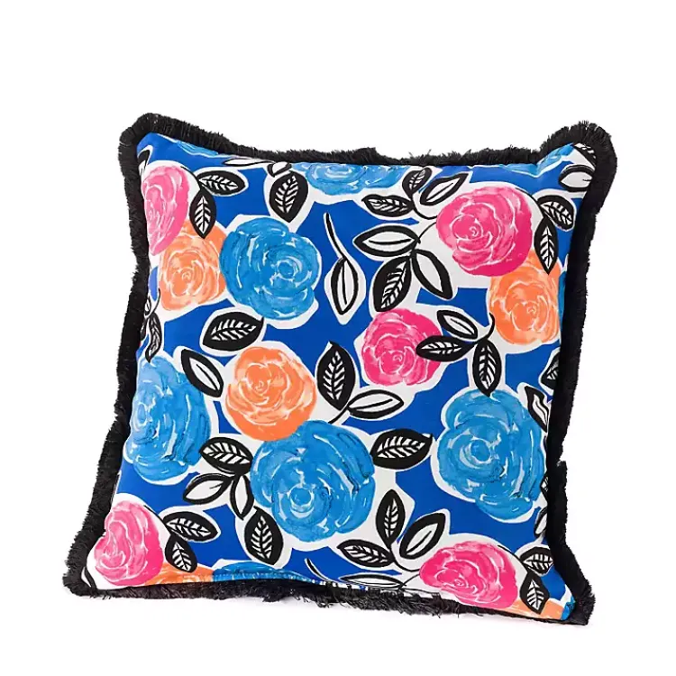 Outdoor Cushions & Pillows-Kirklands Home Bold Blue Floral Fringe Outdoor Pillow
