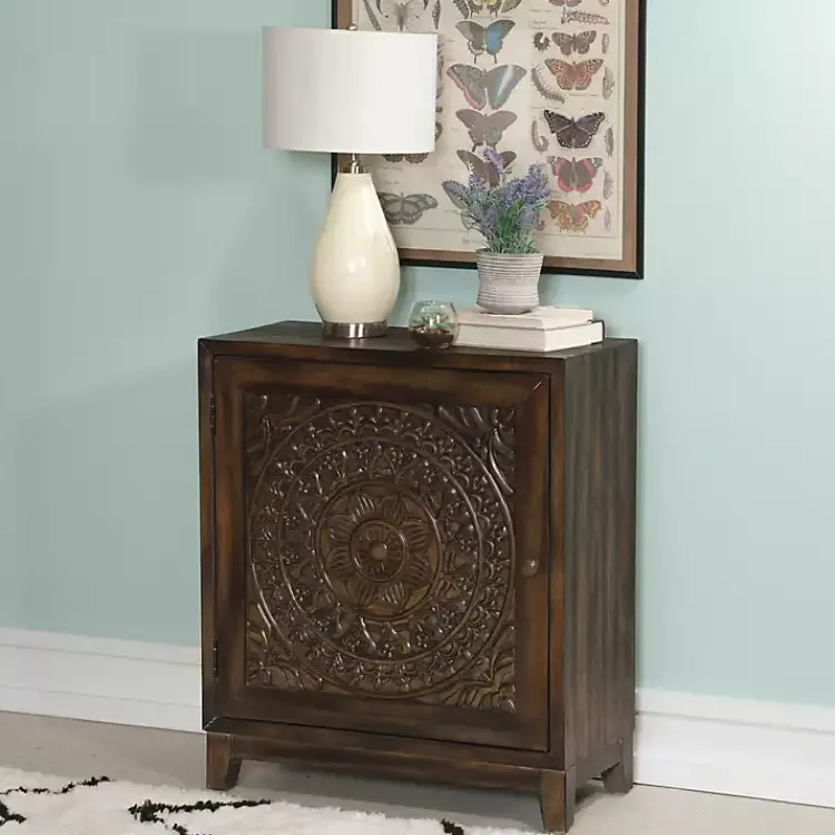 Cabinets & Sideboards-Kirklands Home Dark Chestnut Medallion Carved Cabinet Brown