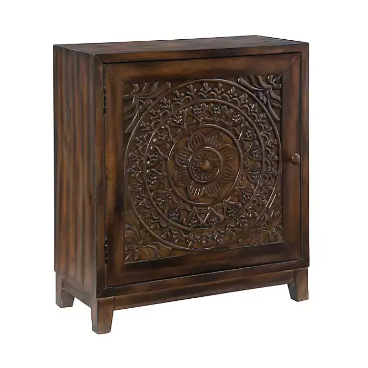 Cabinets & Sideboards-Kirklands Home Dark Chestnut Medallion Carved Cabinet Brown