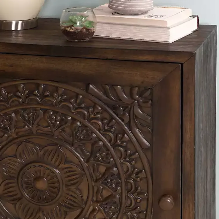 Cabinets & Sideboards-Kirklands Home Dark Chestnut Medallion Carved Cabinet Brown