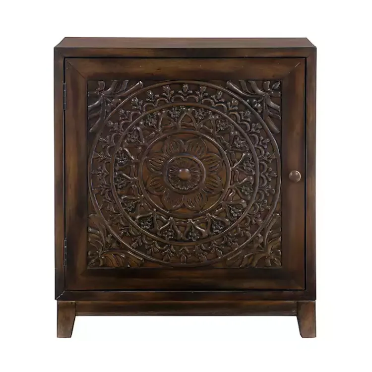 Cabinets & Sideboards-Kirklands Home Dark Chestnut Medallion Carved Cabinet Brown