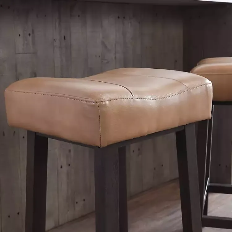 Bar Stools & Counter Height Stools-Kirklands Home Camel Wood and Leather Backless Stool Tan