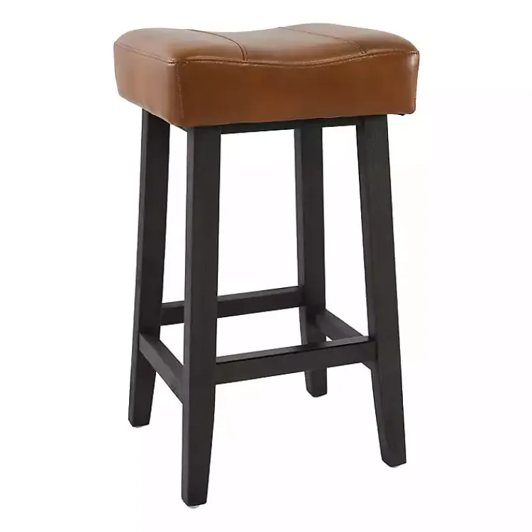 Bar Stools & Counter Height Stools-Kirklands Home Caramel Wood and Faux Leather Backless Stool Brown