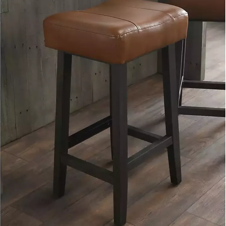 Bar Stools & Counter Height Stools-Kirklands Home Caramel Wood and Faux Leather Backless Stool Brown