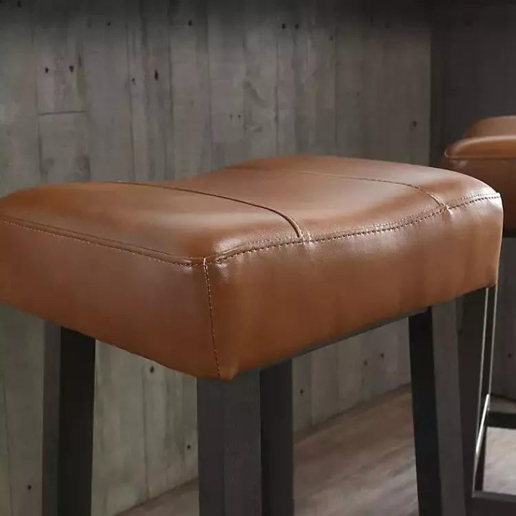 Bar Stools & Counter Height Stools-Kirklands Home Caramel Wood and Faux Leather Backless Stool Brown