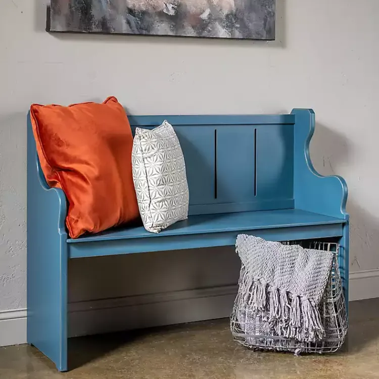 Entryway Furniture-Kirklands Home Carved Wood Pew Bench Blue